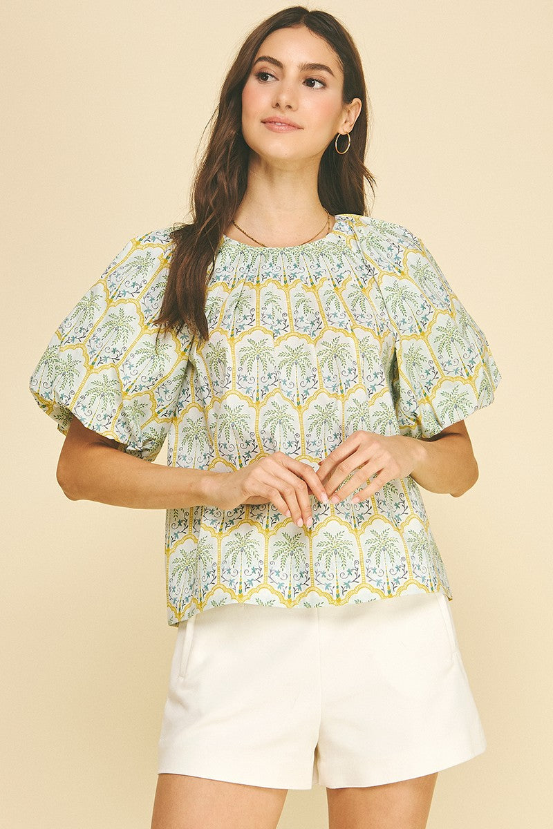 Pinch Mandy Tropical Palm Print Puff Sleeve Top Style # 7163TA