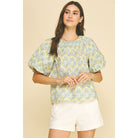 Pinch Mandy Tropical Palm Print Puff Sleeve Top Style # 7163TA