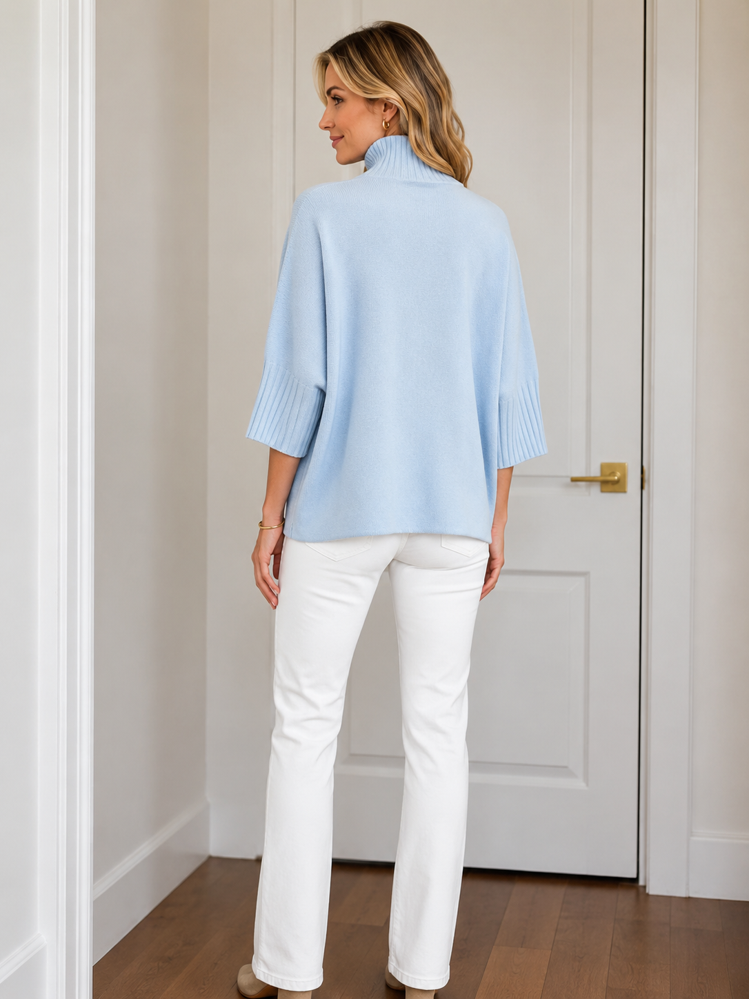 Aria Sweater in Light Blue by Rain & Rose — turtleneck, 3/4 sleeve, relaxed fit | Marj & Lizzie SW4181
