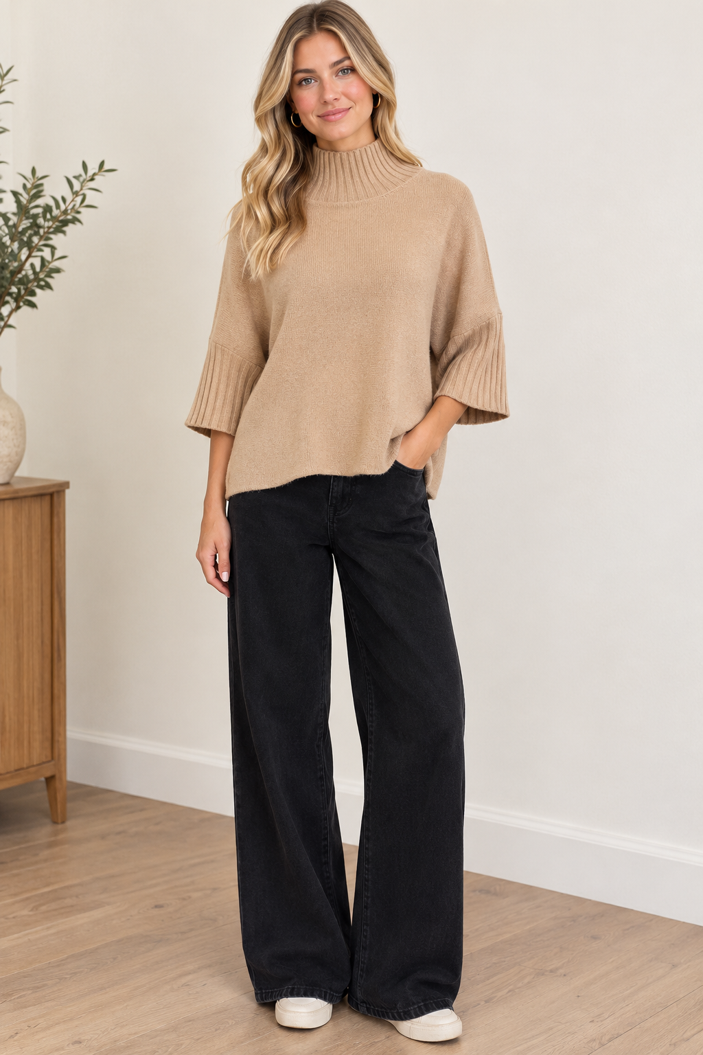 Aria Sweater Mocha by Rain & Rose with a mock neck and pleated sleeves, full front view