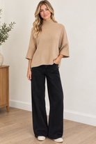 Aria Sweater Mocha by Rain & Rose with a mock neck and pleated sleeves, full front view
