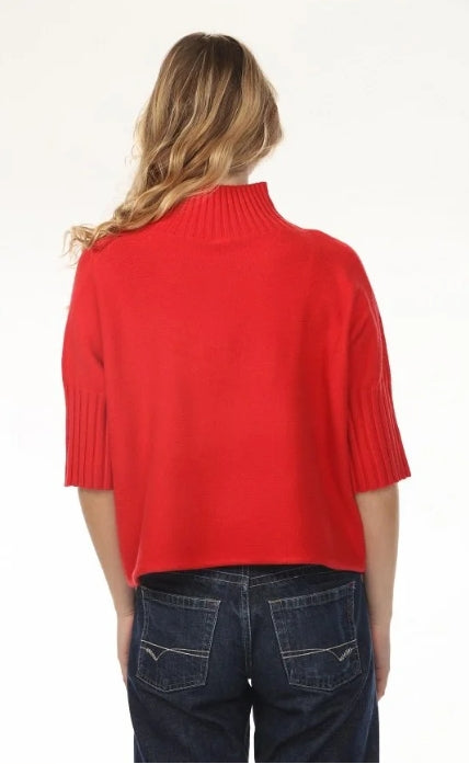 Aria Sweater Red by Rain & Rose — red mock neck sweater with pleated elbow sleeves, back vie