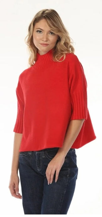 Aria Sweater Red by Rain & Rose — red mock neck sweater with pleated elbow sleeves, front view