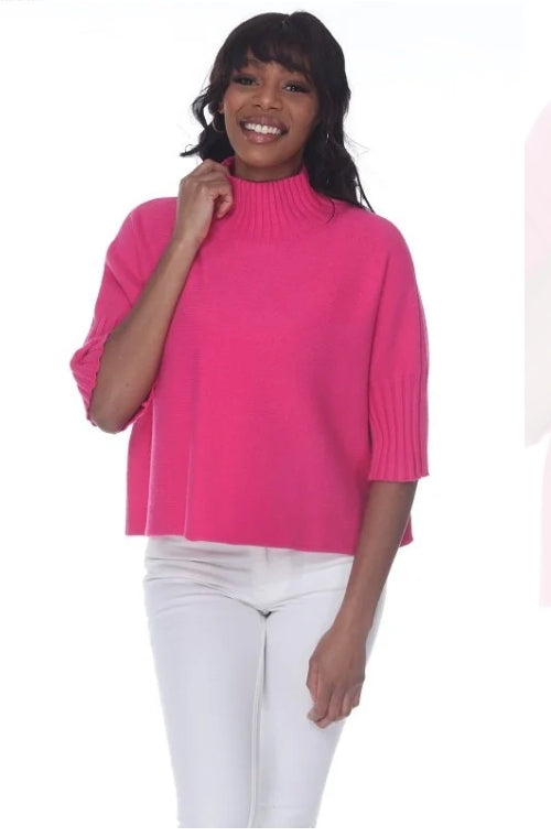 Aria Sweater in Fuchsia by Rain & Rose — mock neck knit with pleated elbow sleeves. Style#SW4181