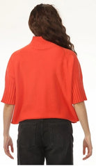 Aria Sweater in Orange by Rain & Rose — mock neck knit with pleated elbow sleeves, back  view style sw4181