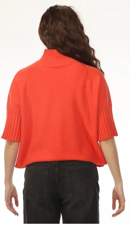 Aria Sweater in Orange by Rain & Rose — mock neck knit with pleated elbow sleeves, back  view style sw4181