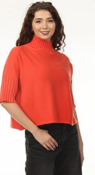 Aria Sweater in Orange by Rain & Rose — mock neck knit with pleated elbow sleeves, front view style #sw4181