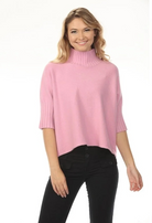 Aria Mock Neck Knit Sweater in bubblegm pink from Rain and Rose — relaxed silhouette, pleated elbow sleeves, front view style # SW 4181