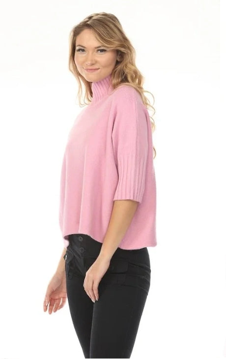 Aria Mock Neck Knit Sweater in bubblegum pink from Rain and Rose — relaxed silhouette, pleated elbow sleeves, side view style # SW 4181
