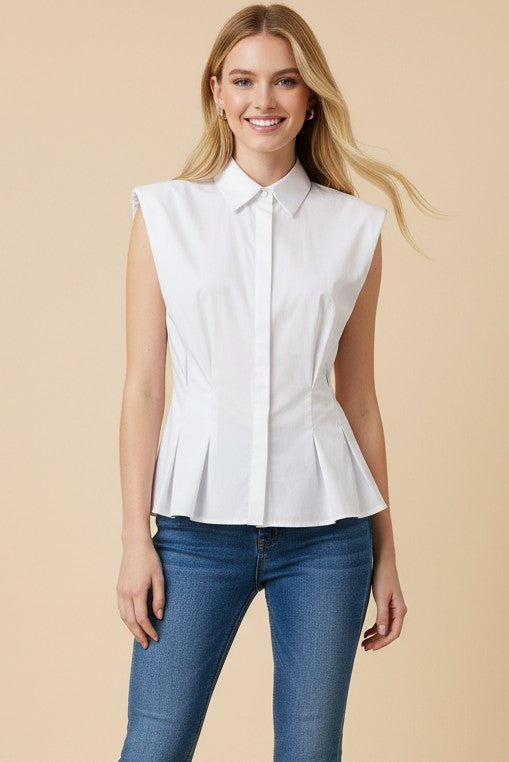 Rook Top Pinch White Sleeveless Peplum Button Down Shirt Style # 6937T