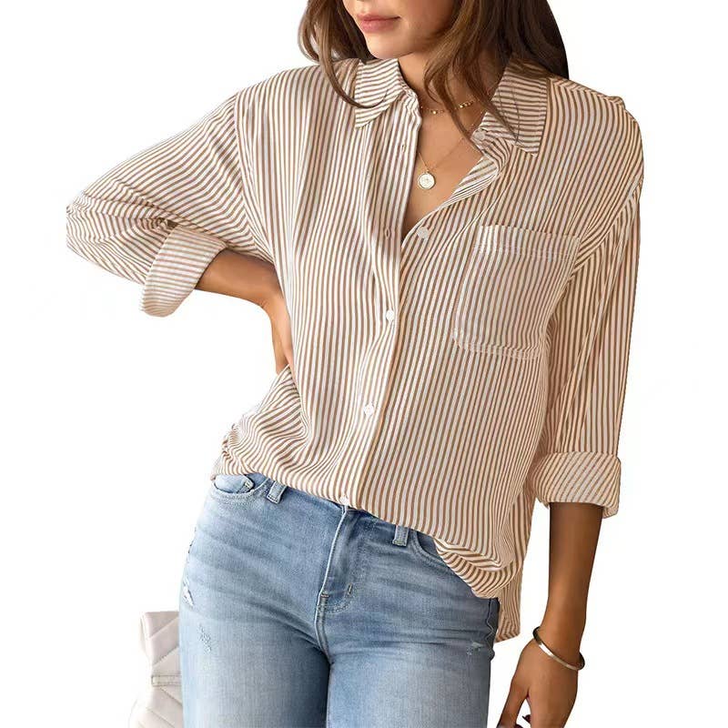 Rosa clothing Antonia Top khaki stripe long sleeve button down
