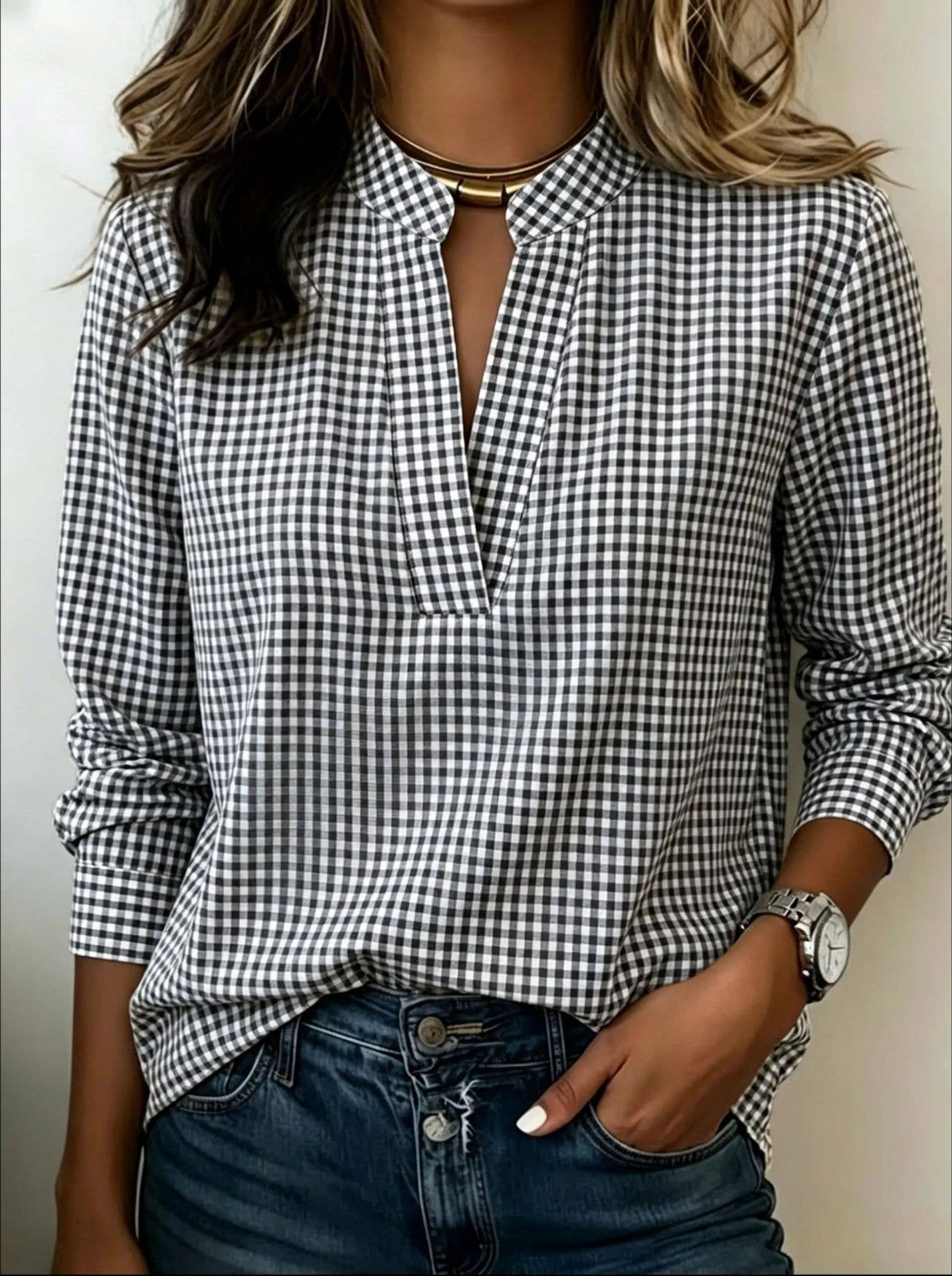 Rosa Clothing Cosette Top Black and White Gingham henley neck long sleeve