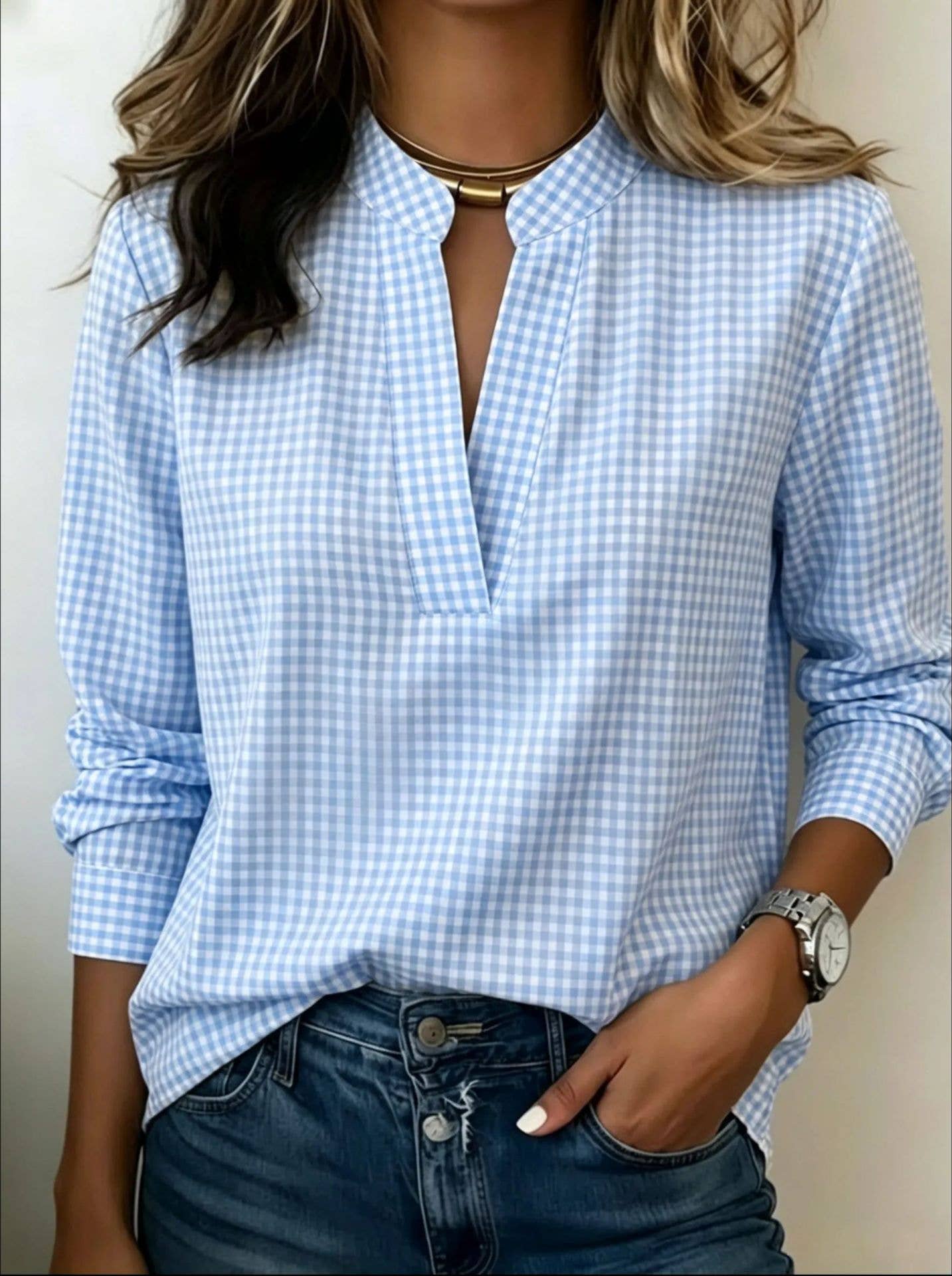 Rosa Clothing Cosette Top Blue and White Gingham henley neck long sleeve