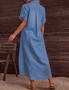 Delphine Dress by Rosa Clothing — blue denim maxi dress, collared neckline, short sleeves, side slit,