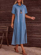 Delphine Dress by Rosa Clothing — blue denim maxi dress, collared neckline, short sleeves, side slit,