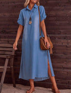 Delphine Dress by Rosa Clothing — blue denim maxi dress, collared neckline, short sleeves, side slit,