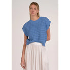 Elan Vivian sweater top in blue with open-knit design, featuring a relaxed fit and V-neck style.