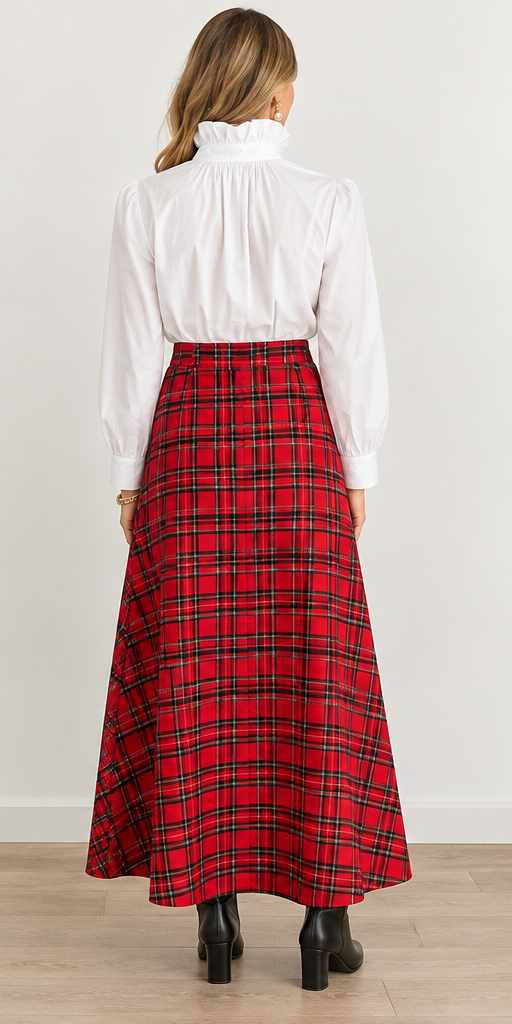 Holly Skirt by Sail to Sable in red and green plaid with a wide waistband and flared ankle-length silhouette, back view