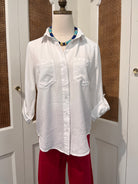 Sirena Top by Velvet Heart — white Tencel button-front shirt with spread collar, chest patch pockets, and rolled tab sleeves