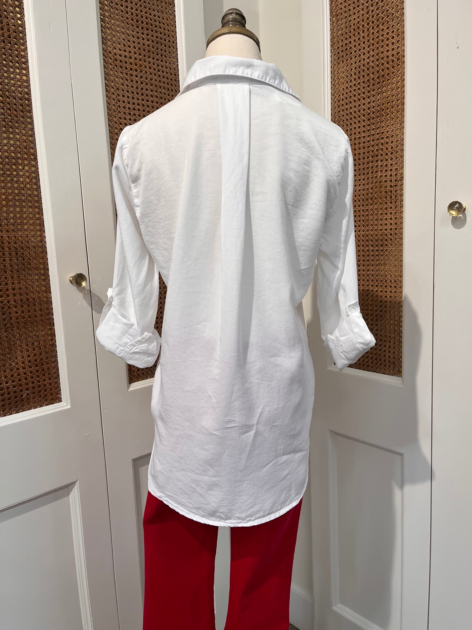 Sirena Top by Velvet Heart — back view of white Tencel button-front shirt with spread collar, center pleat, and rolled tab sleeves