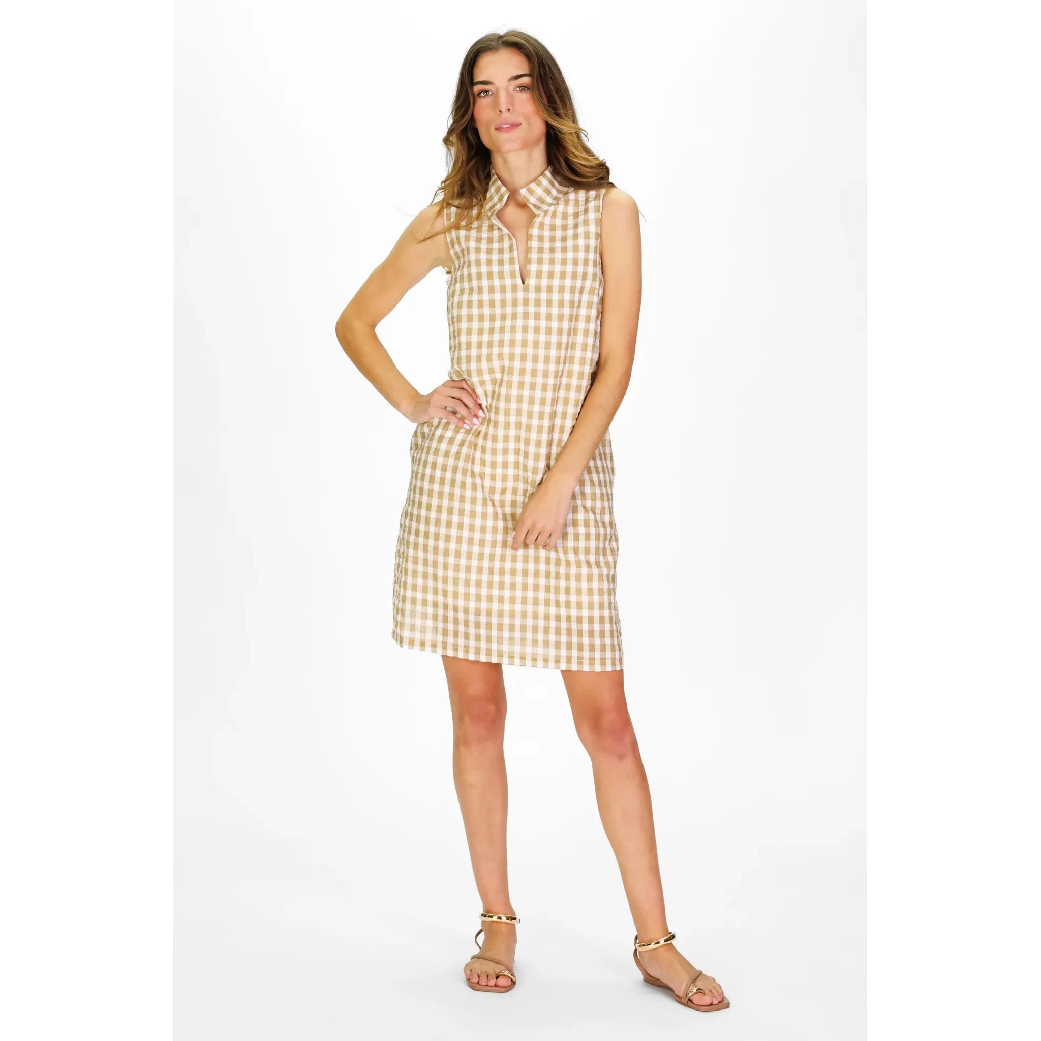 Fia Dress — full-length front view, tan white gingham seersucker sleeveless shirtdress, spread collar, straight shift silhouette