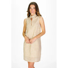 Fia Dress — tan white gingham seersucker, sleeveless shirtdress, spread collar with keyhole neckline, knee length