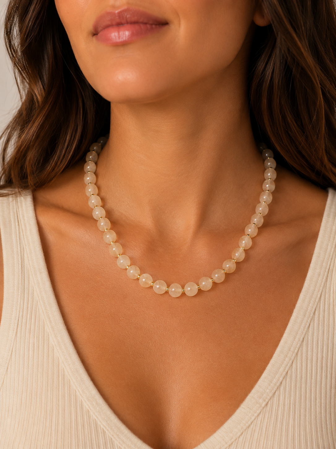 Sea Glass Necklace Coconut by Smith and Co. Design — coconut glass beads with gold spacers Style# GLASS CRM