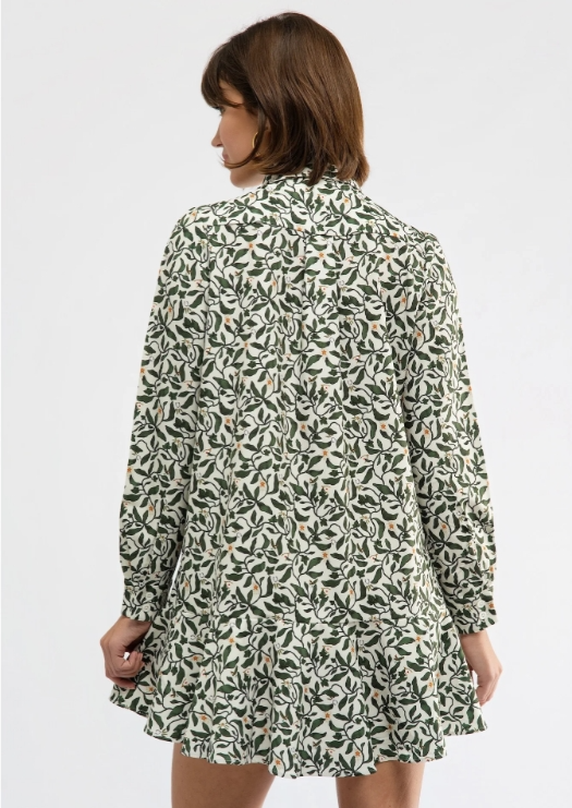 Cherry Dress by Smith and Quinn in green leaf print, long sleeves, drop waist, back view style#11088