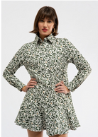 Cherry Dress by Smith and Quinn in green leaf print, long sleeves, button-front, drop waist, front view style#11088