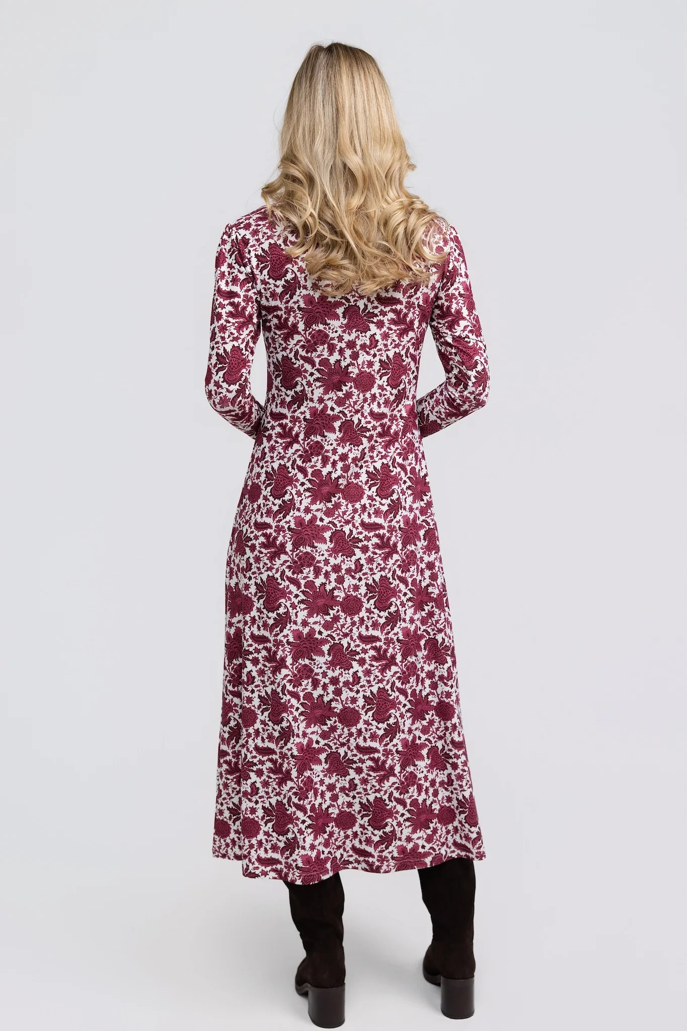 Daisy Dress Regal Raspberry by Smith & Quinn, raspberry floral midi dress with long sleeves and gently flared hem, back view