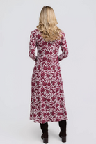 Daisy Dress Regal Raspberry by Smith & Quinn, raspberry floral midi dress with long sleeves and gently flared hem, back view