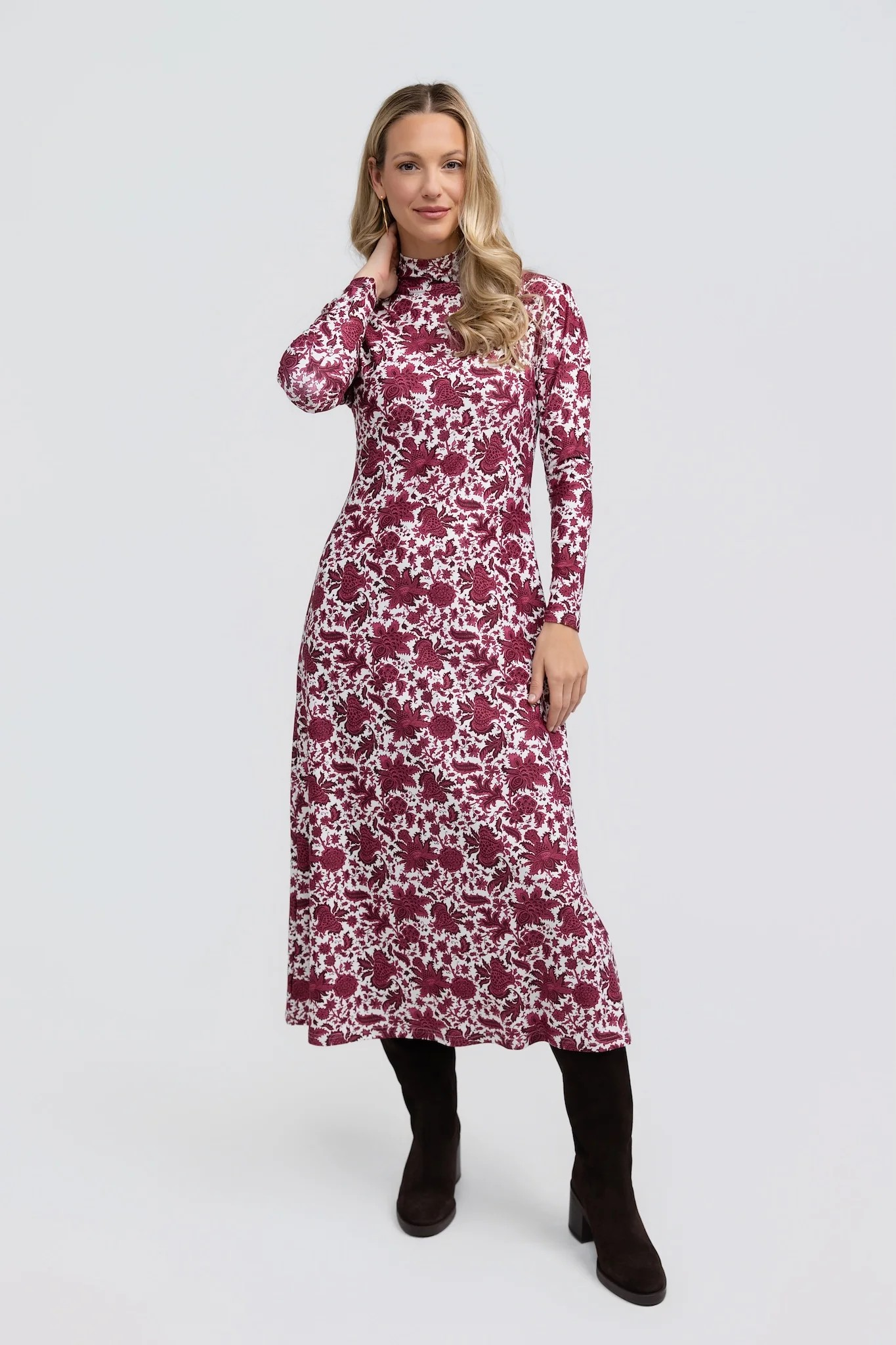 Daisy Dress Regal Raspberry by Smith & Quinn, raspberry floral midi dress with long sleeves and turtleneck, front view style#11040