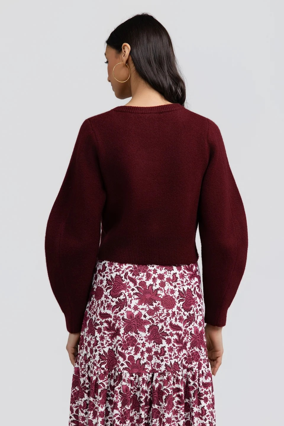 Hildy Sweater by Smith & Quinn in burgundy, showing cropped length, balloon sleeves, and ribbed cuffs, back view