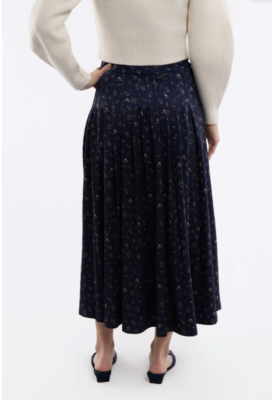 Lennox Skirt by Smith and Quinn in navy floral, back view showing pleated midi silhouette, style 15030