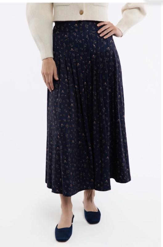 Lennox Skirt by Smith and Quinn in navy floral print, front pleated midi skirt, style 15030