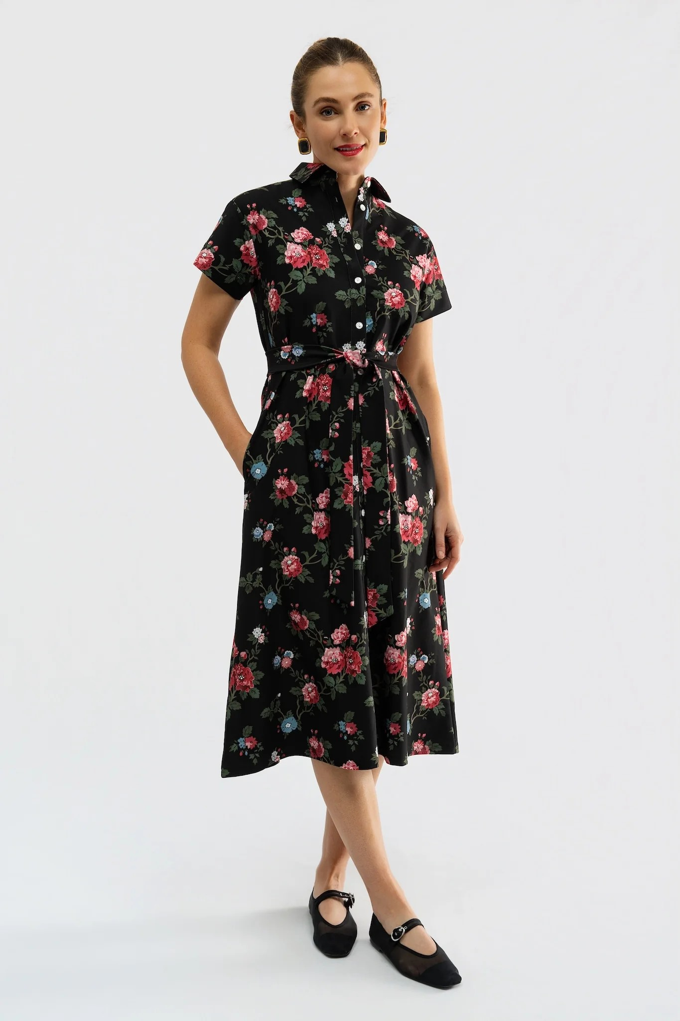 Miller Dress Duchess Rose by Smith & Quinn, black with pink florals, short sleeves and waist tie, full-length front view