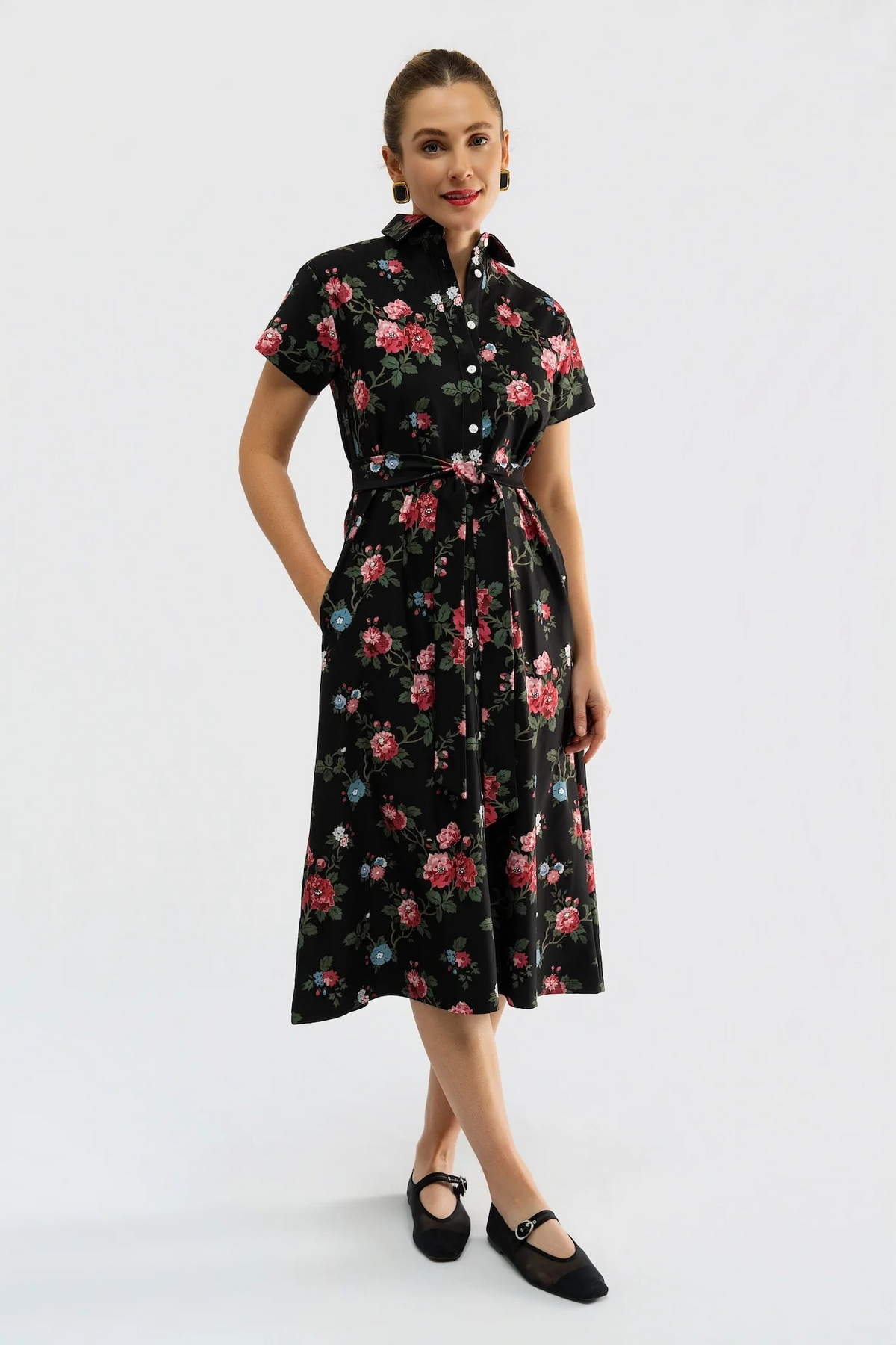 Miller Dress Duchess Rose by Smith & Quinn, black with pink florals, short sleeves and waist tie, full-length front view