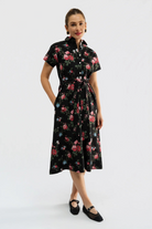 Miller Dress Duchess Rose by Smith & Quinn, black with pink florals, short sleeves and waist tie, full-length front view