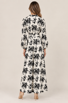 Vivian Dress Keepsake Buttercream by Smith & Quinn, black floral maxi with defined waist and balloon sleeves, back view