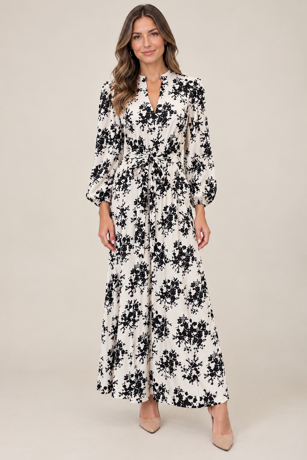 Vivian Dress Keepsake Buttercream by Smith & Quinn, black floral maxi with V-neckline, balloon sleeves and waist tie, front view