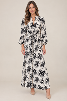 Vivian Dress Keepsake Buttercream by Smith & Quinn, black floral maxi with V-neckline, balloon sleeves and waist tie, front view