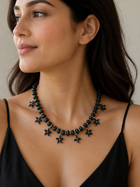 Beaded Bloom Necklace Navy by Smith and Co. Design — navy glass beads, gold-set CZ floral charms, bust display | Marj & Lizzi