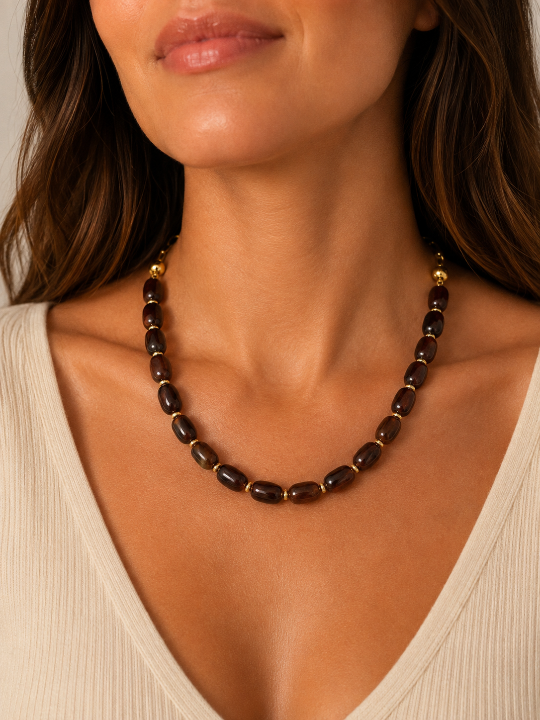 Chunky Necklace Dark Brown by Smith and Co. Design — large barrel beads, CZ gold rondelle spacers, gold clasp | Marj & Lizzie