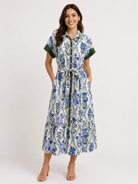 Emerson Dress by THML — blue green floral medallion print, button-front, tie waist, midi length | Marj & Lizzie-Style#FTM3492