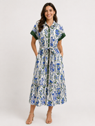 Emerson Dress by THML — blue green floral medallion print, button-front, tie waist, midi length | Marj & Lizzie-Style#FTM3492