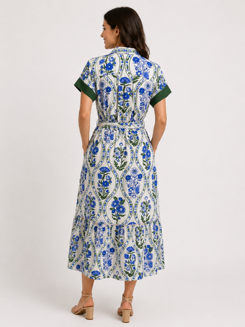 Emerson Dress by THML — blue green floral print shirtdress, back view, green contrast cuffs | Marj & Lizzie - Style#FTM3492