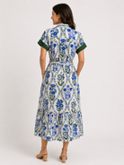 Emerson Dress by THML — blue green floral print shirtdress, back view, green contrast cuffs | Marj & Lizzie - Style#FTM3492