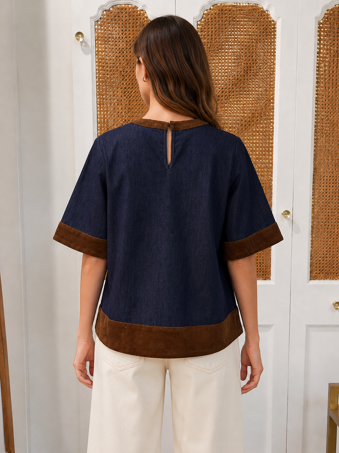 THML Isla Top in dark denim, back view showing keyhole closure and brown corduroy trim style # JH2566