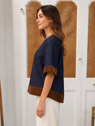 THML Isla Top in dark denim with brown corduroy trim, side view showing sleeve and hem detail style # JH2556