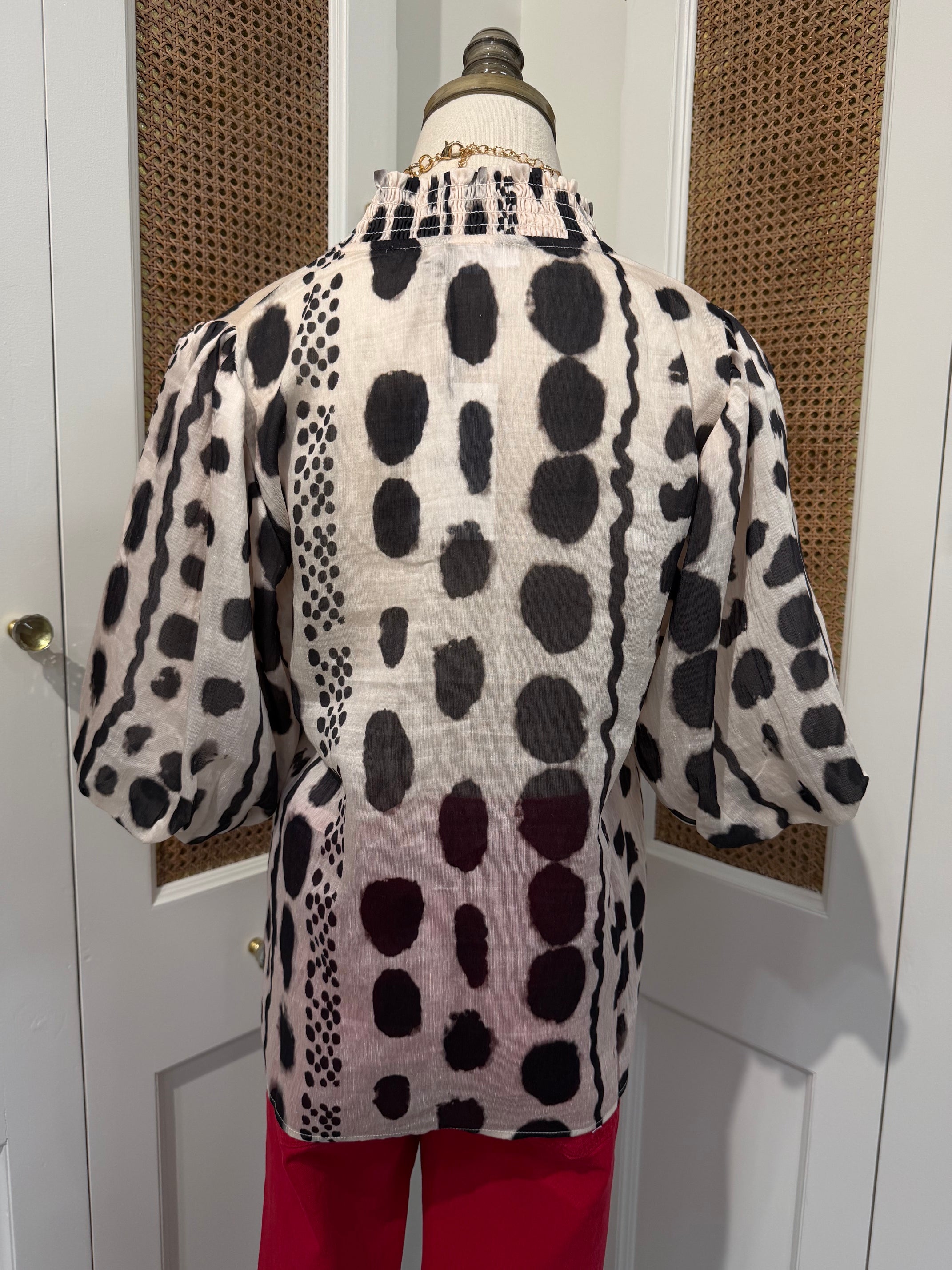 Julia Top by THML — black and white geometric print, smocked neckline, short puff sleeves, back view FTM3126-3